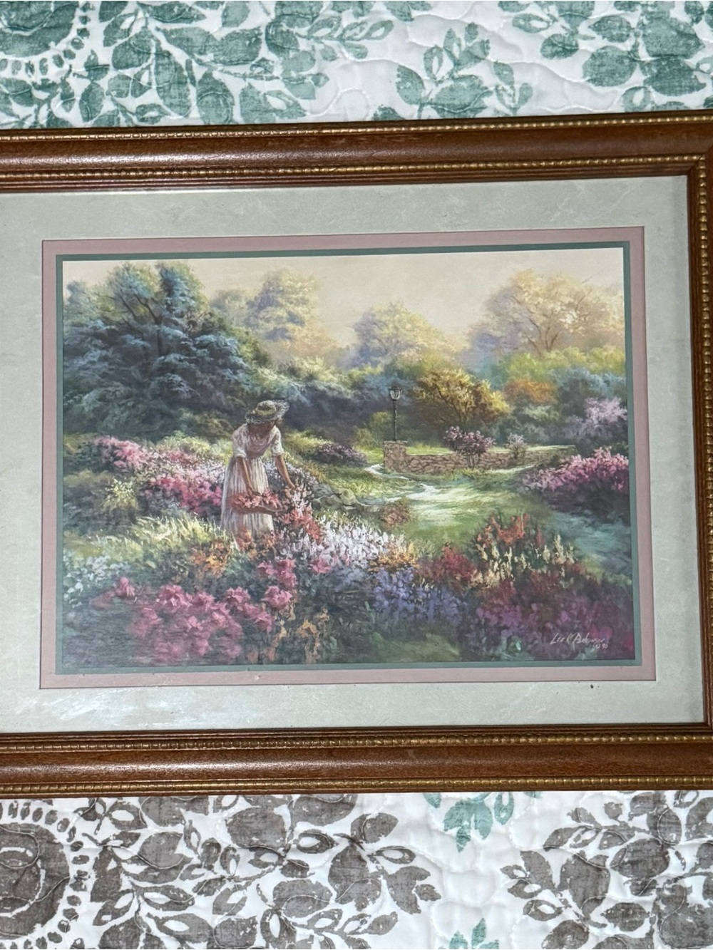 Lady Gathering Flowers Print '90 Singed by Lee K. Parkinson Framed/Matted/Glass